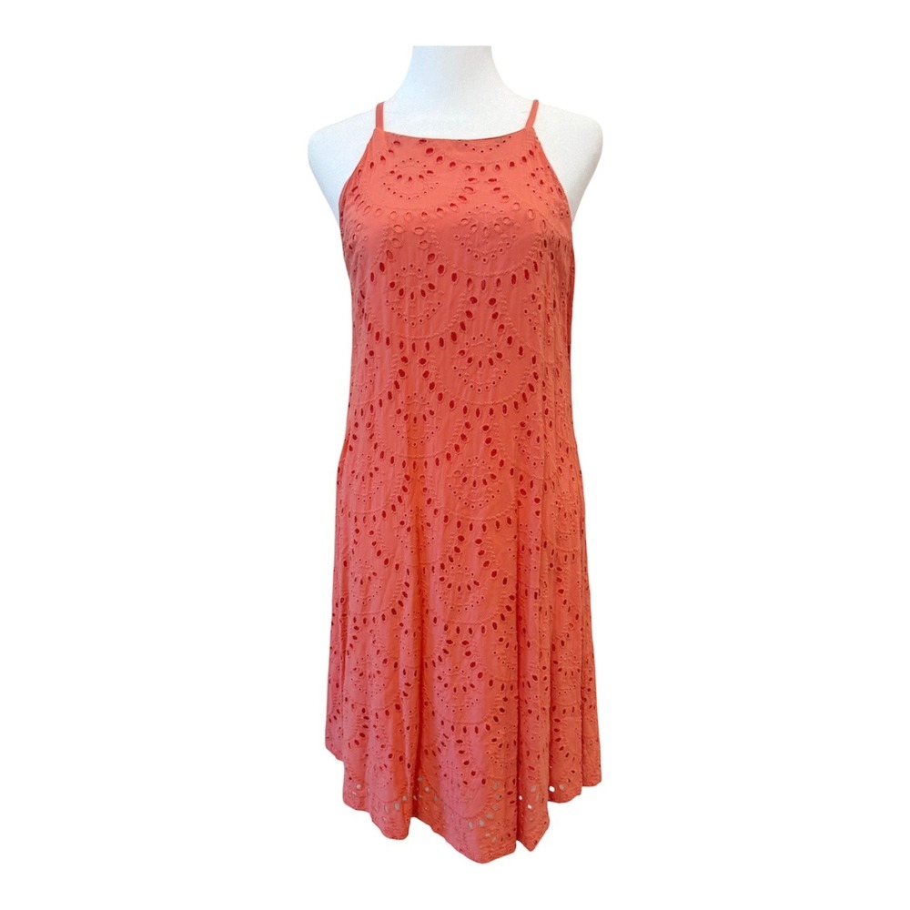 ⁠Luxology Coral Salmon Pink Eyelet Lace Halter High Neck Shift Dress 6